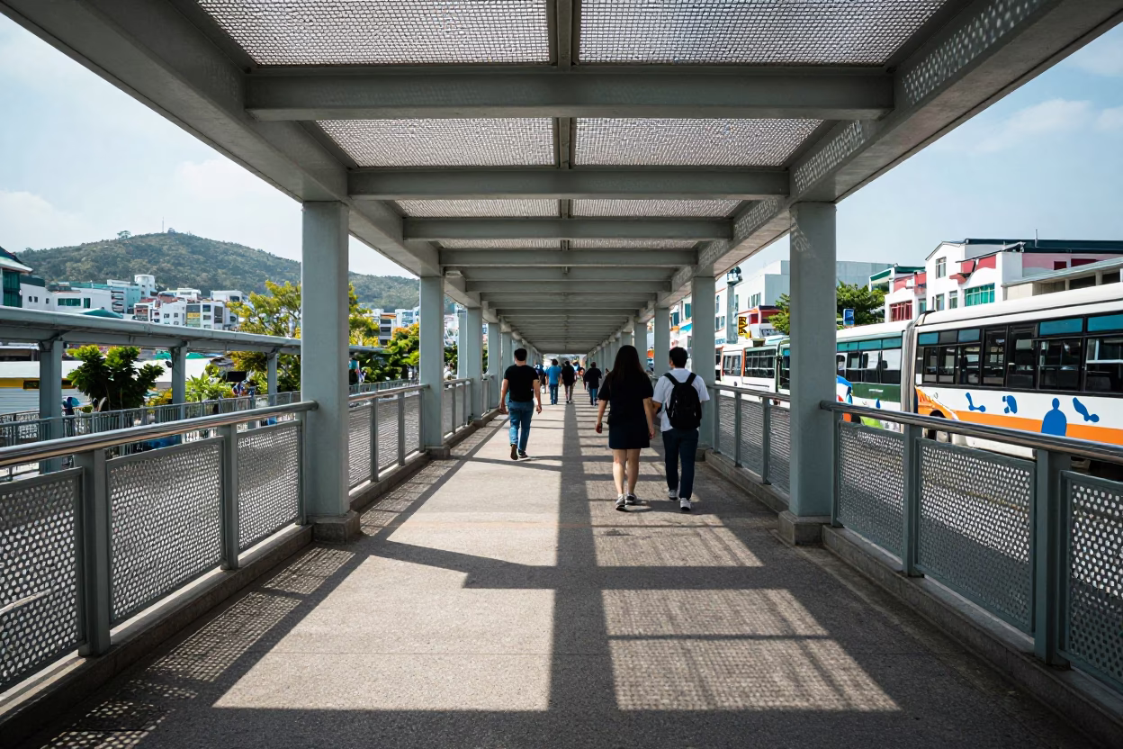 The Flat Glare Of Noon Light on Pedestrian Overpass in Busan in in Busan, South Korea