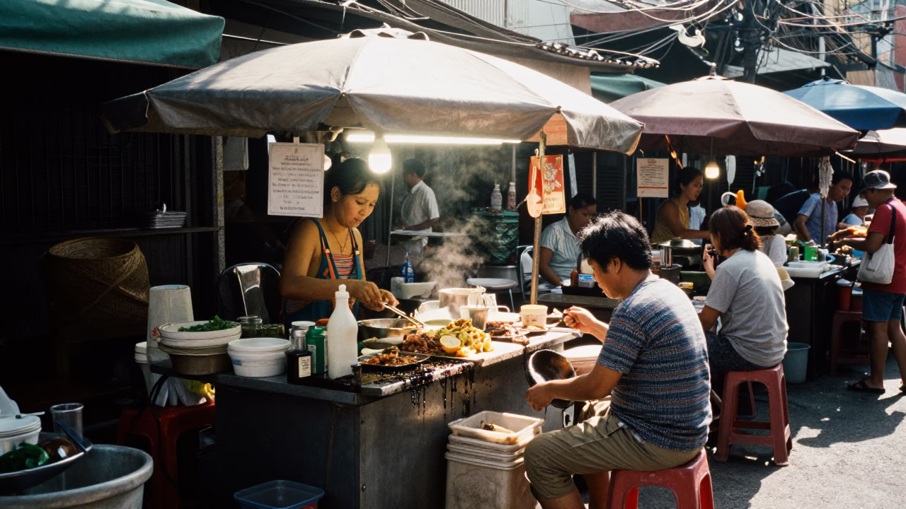The Flat Glare Of Noon Light on Vendor Stall in Bangkok in in Bangkok, Thailand