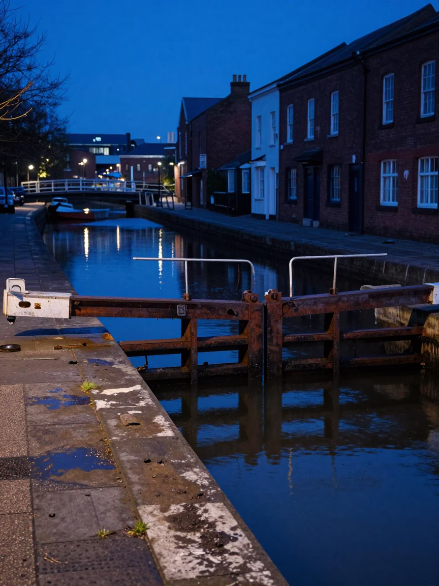 The Last Blue Light Of Evening on Canal Scene in Liverpool in in Liverpool, United Kingdom
