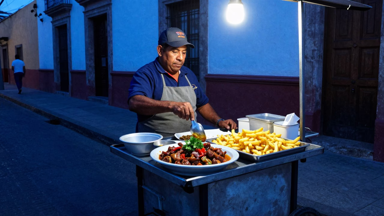 The Last Blue Light Of Evening on Food Vendor in Guadalajara in in Guadalajara, Mexico