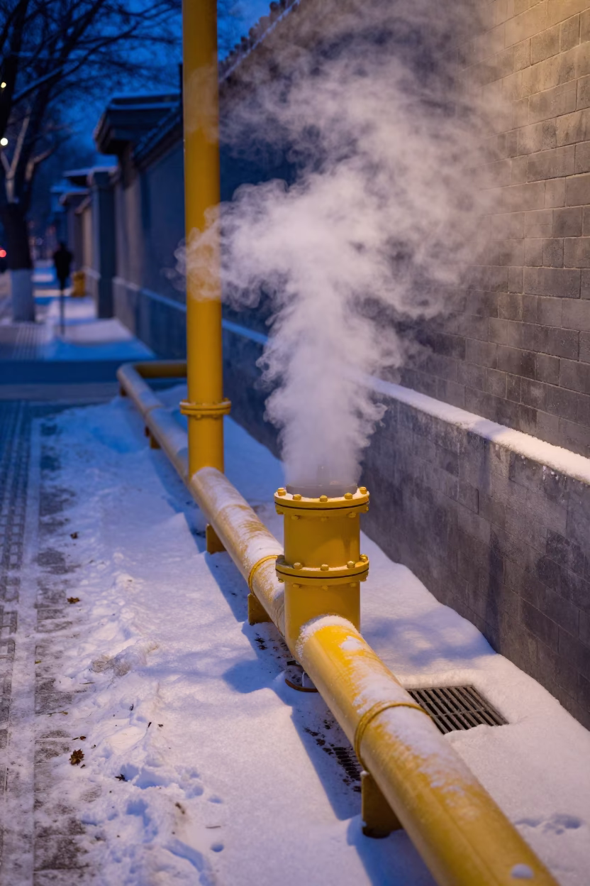 The Last Blue Light Of Evening on Heating Pipes in Beijing in in Beijing, China