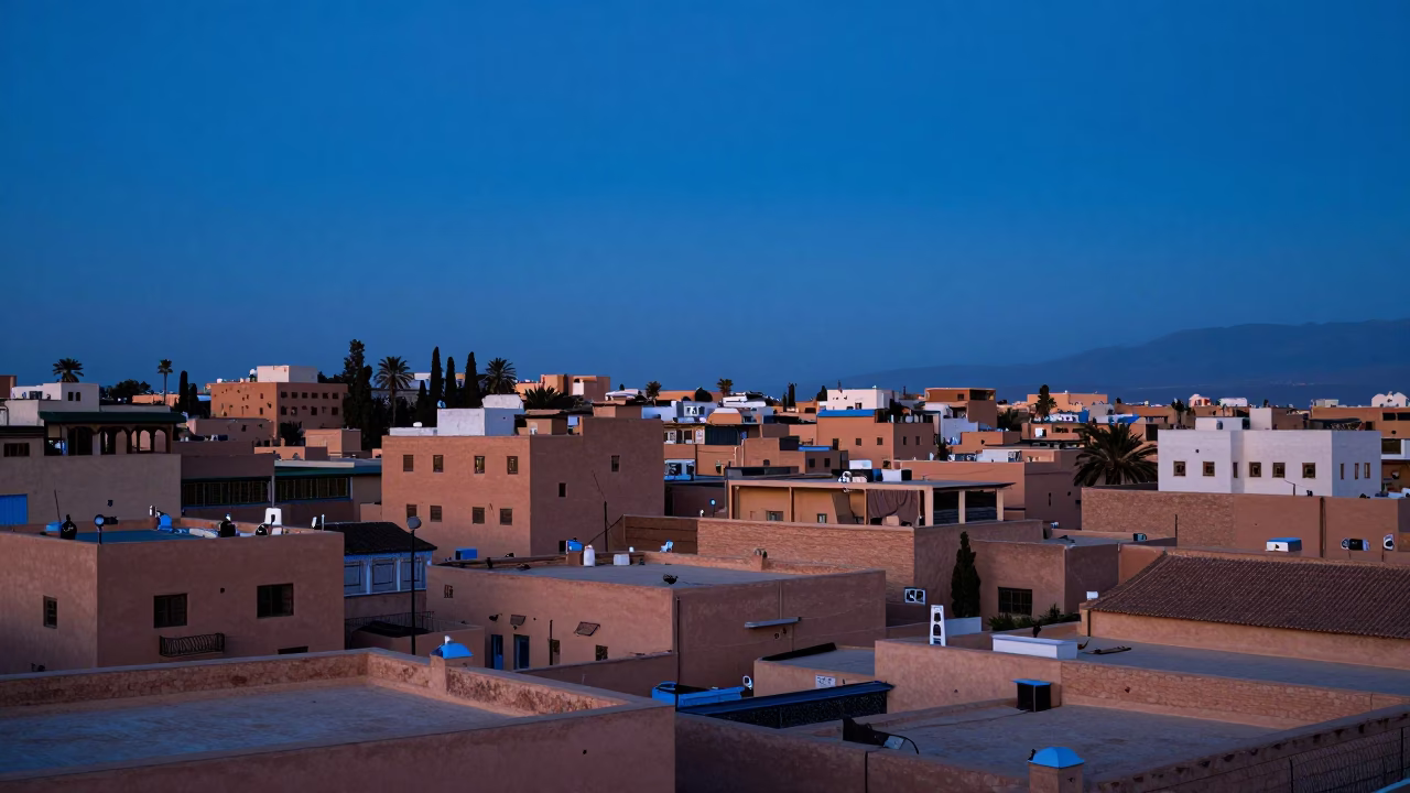 The Last Blue Light Of Evening on Hour Skyline in Marrakech in in Marrakech, Morocco