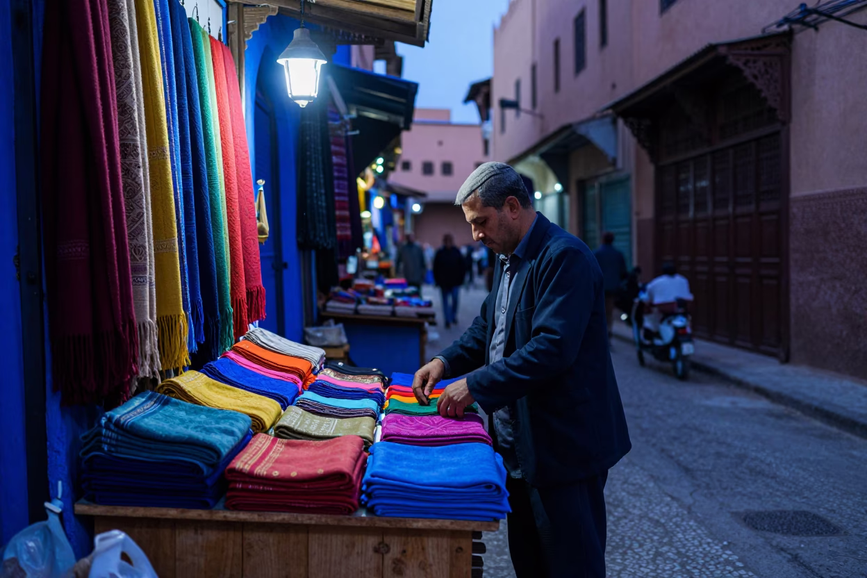 The Last Blue Light Of Evening on Market Stall in Marrakech in in Marrakech, Morocco