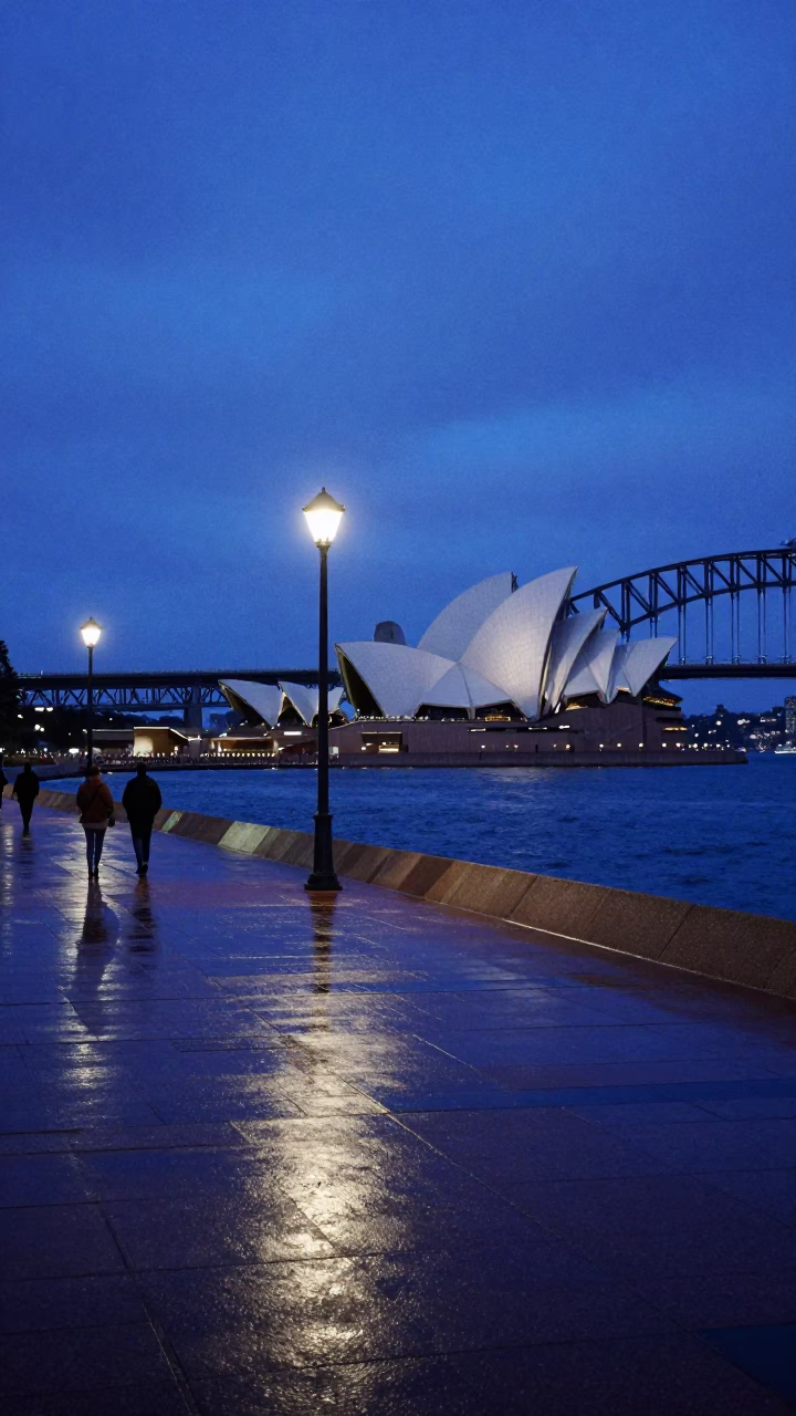 The Last Blue Light Of Evening on Quay Promenade in Sydney in in Sydney, New South Wales, Australia