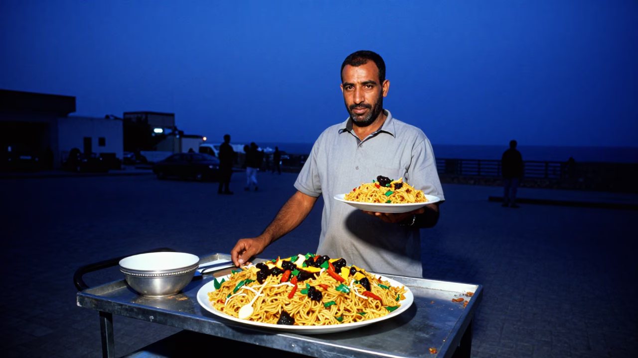 The Last Blue Light Of Evening on Serving Koshari in Tunis in in Tunis, Tunisia