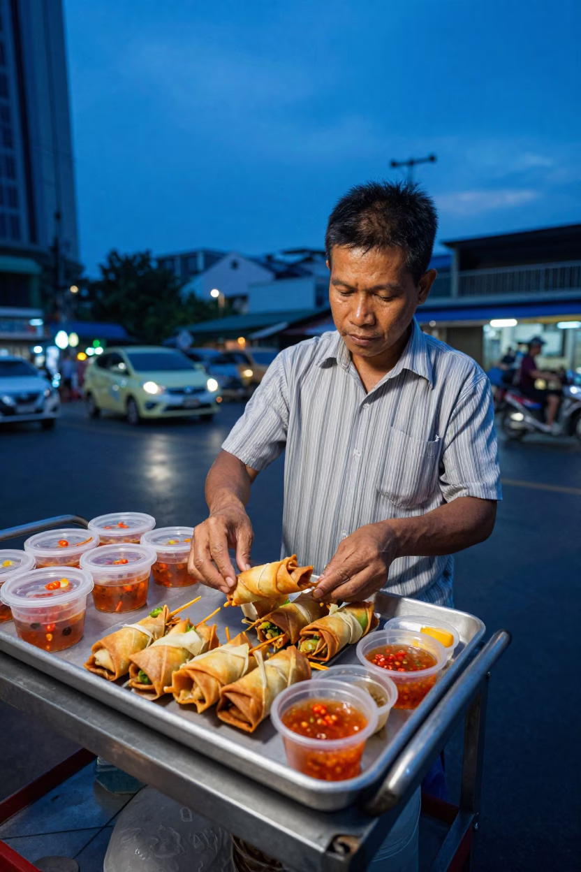 The Last Blue Light Of Evening on Spring Rolls in Bangkok in in Bangkok, Thailand