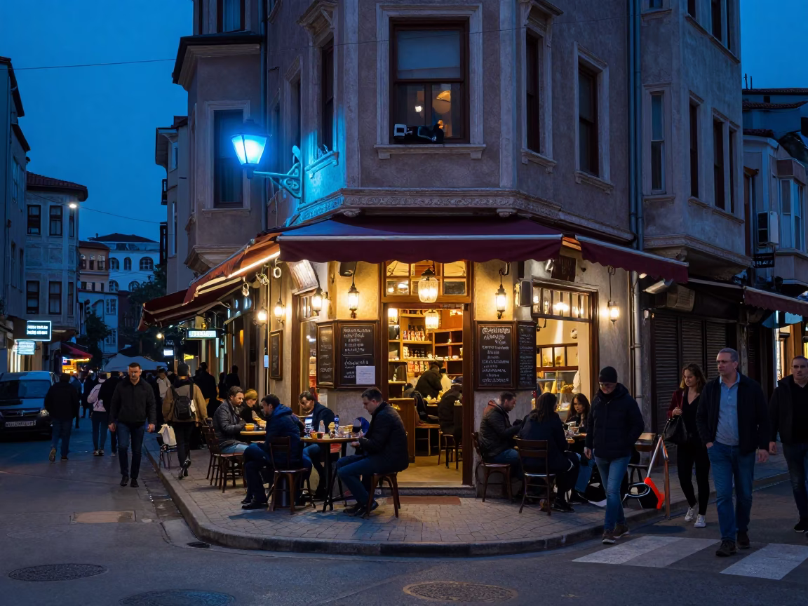 The Last Blue Light Of Evening on Street Corner in Istanbul in in Istanbul, Turkey