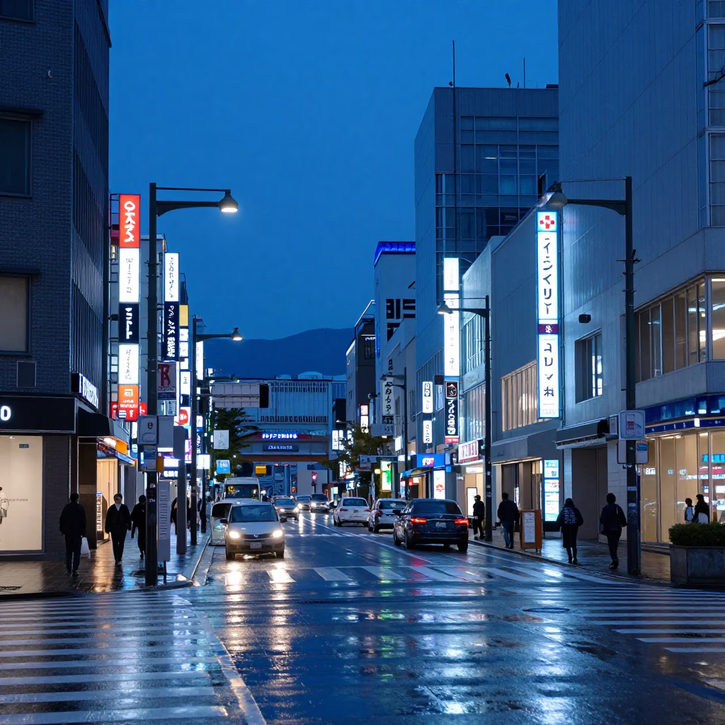 The Last Blue Light Of Evening on Street Corner in Sapporo in in Sapporo, Japan