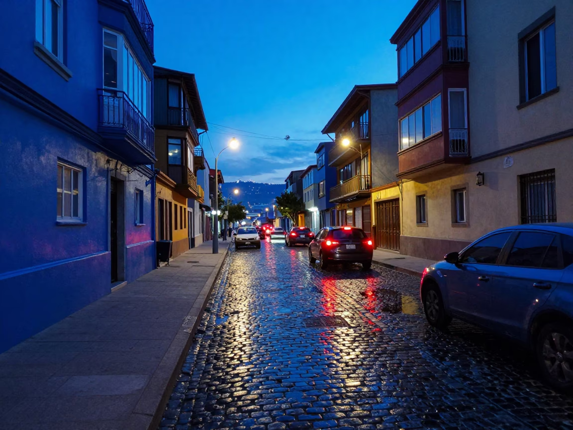 The Last Blue Light Of Evening on Street Scene in Valparaiso in in Valparaiso, Chile