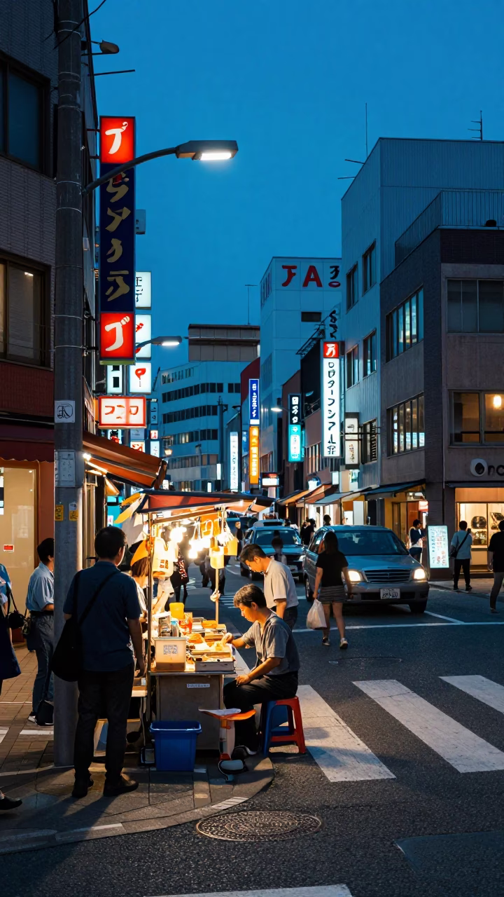 The Last Blue Light Of Evening on Street Scene in Fukuoka in in Fukuoka, Japan