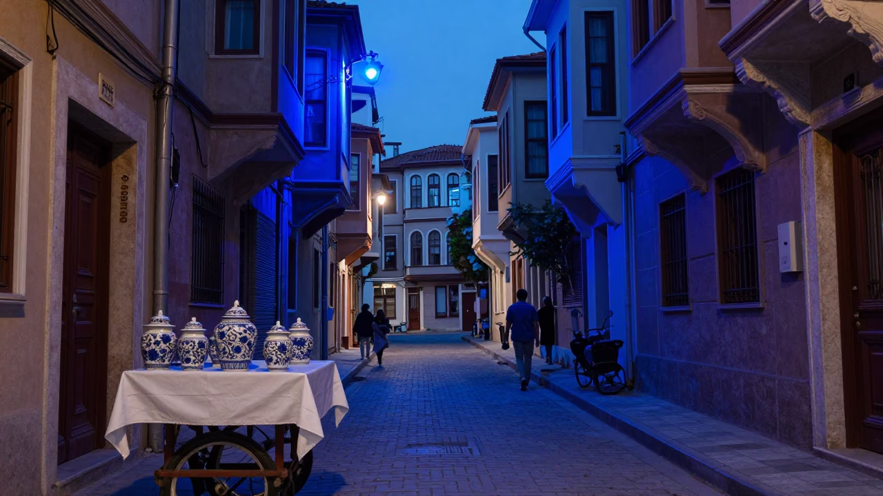 The Last Blue Light Of Evening on Street Scene in Istanbul in in Istanbul, Turkey