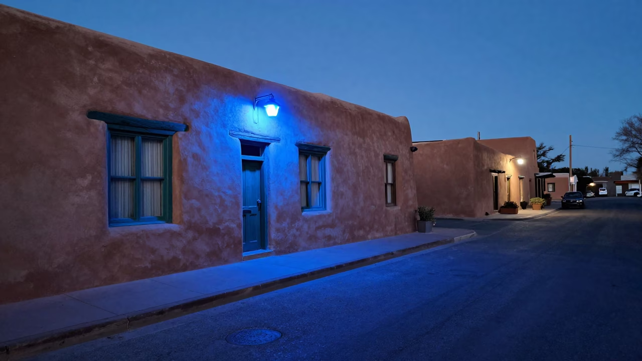 The Last Blue Light Of Evening on Street Scene in Santa Fe in in Santa Fe, New Mexico, United States