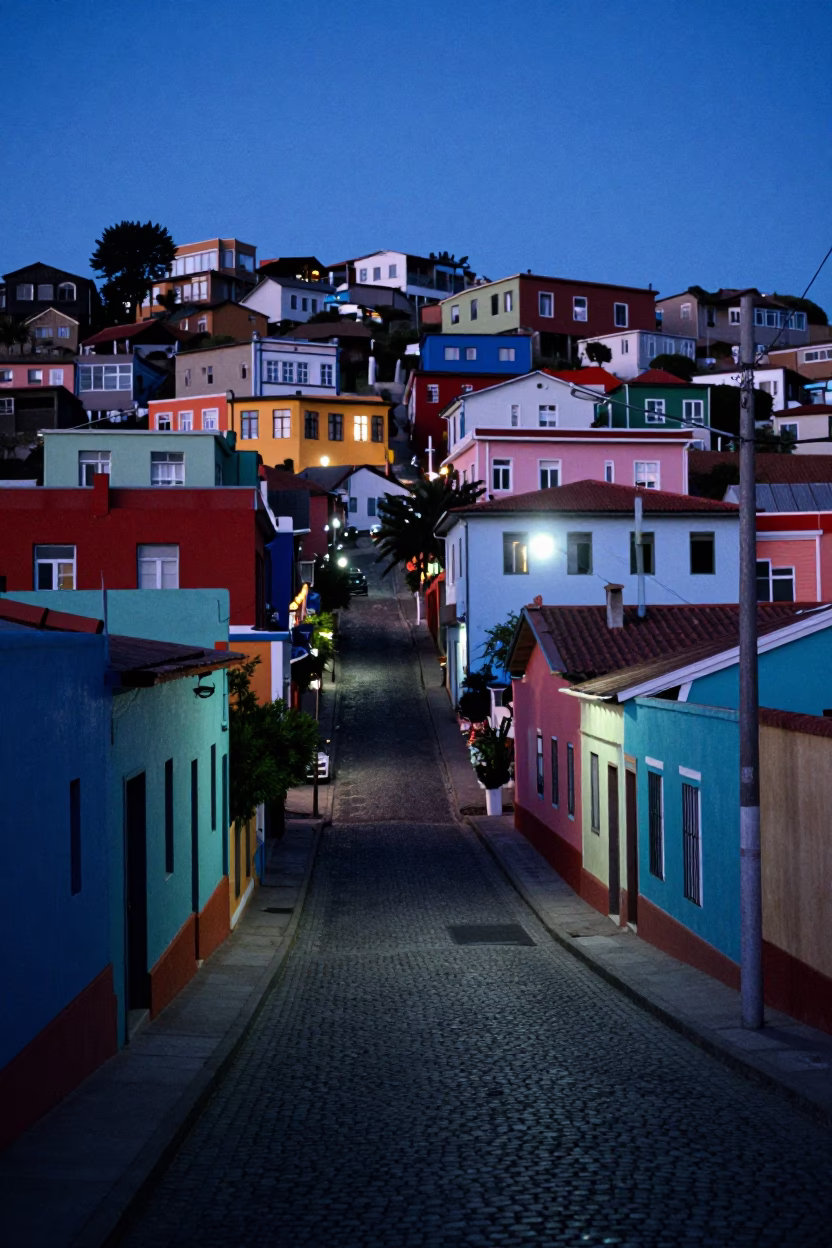 The Last Blue Light Of Evening on Street Scene in Valparaiso in in Valparaiso, Chile