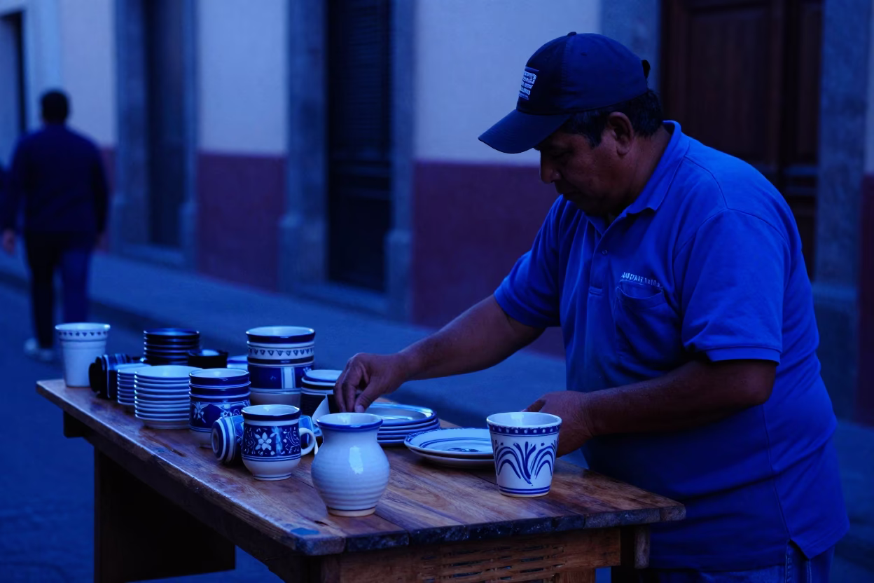 The Last Blue Light Of Evening on Vendor Table in Mexico City in in Mexico City, Mexico