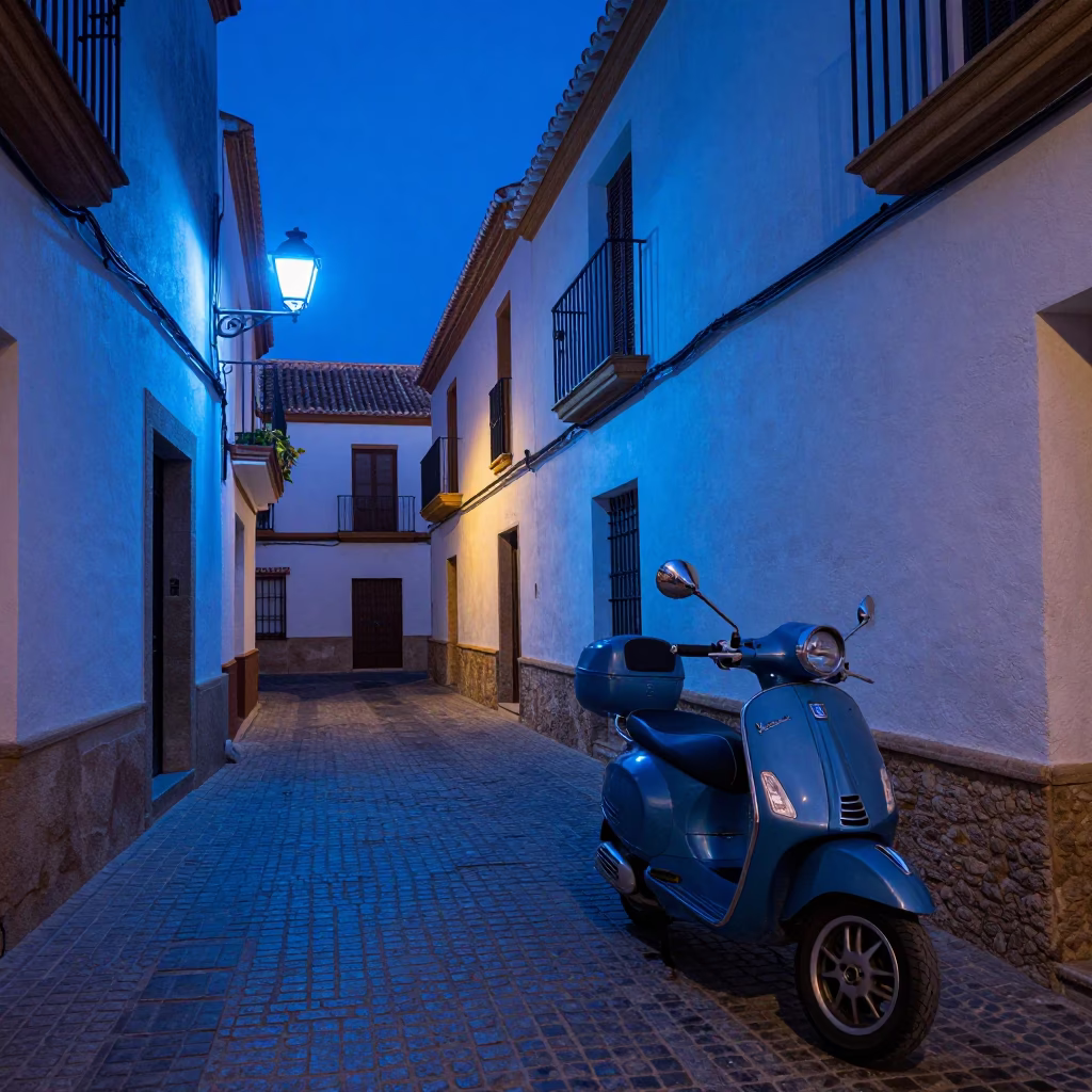 The Last Blue Light Of Evening on Vespa Parked in Valencia in in Valencia, Spain