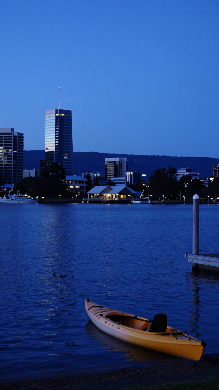 The Last Blue Light Of Evening on Waterfront Scene in Hobart in in Hobart, Tasmania, Australia