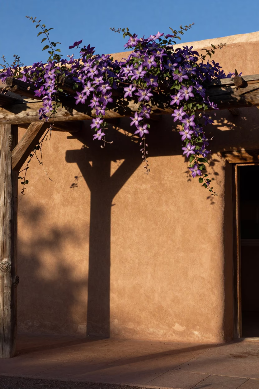 The Late Afternoon Light on Adobe Courtyard in Santa Fe in in Santa Fe, New Mexico, United States