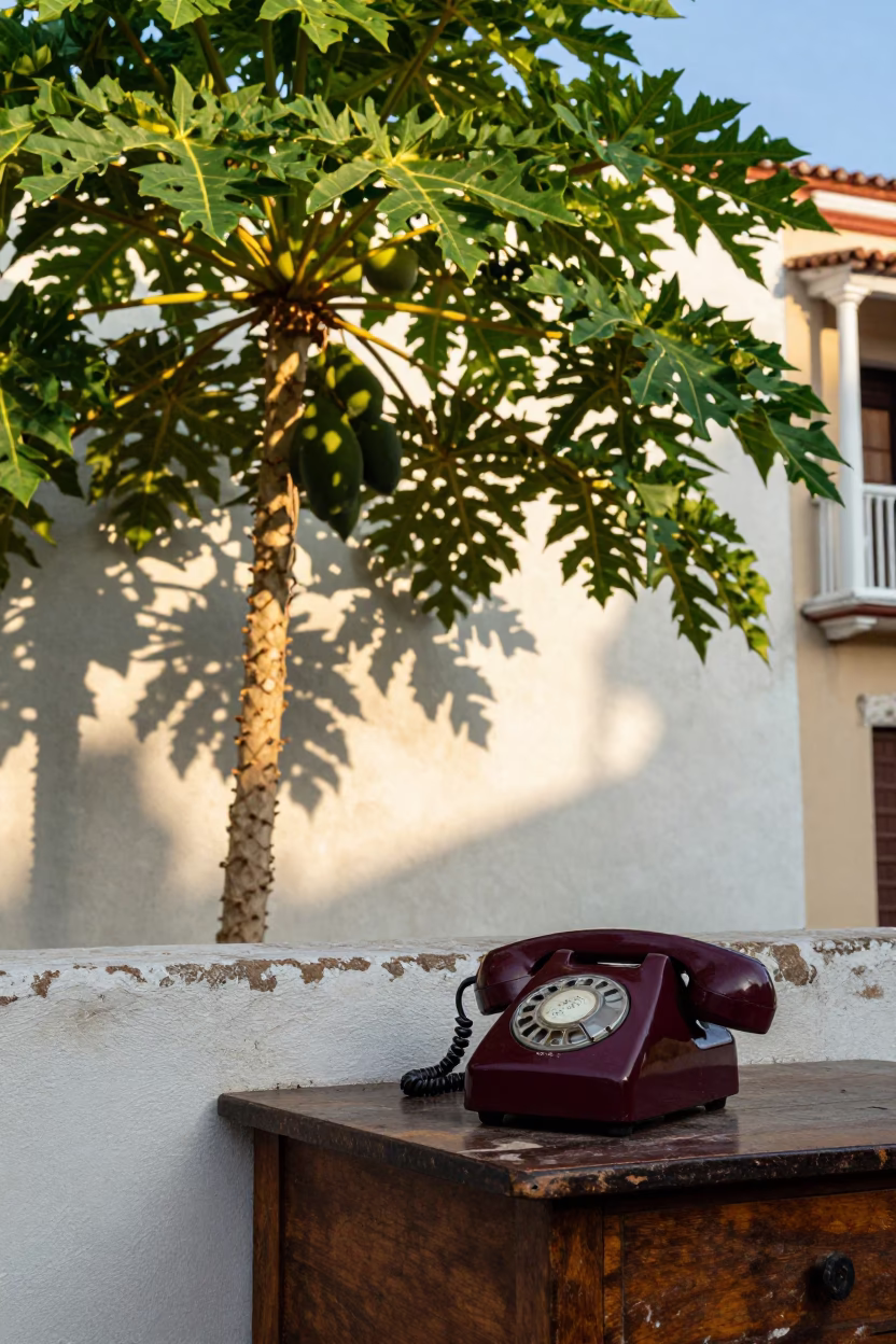 The Late Afternoon Light on Bakelite Telephone in Cartagena in in Cartagena, Colombia