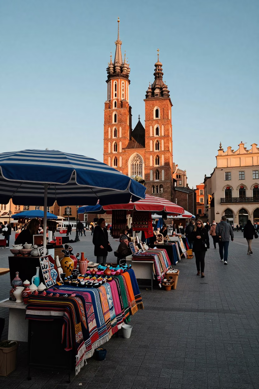 The Late Afternoon Light on Square Stalls in Krakow in in Krakow, Poland