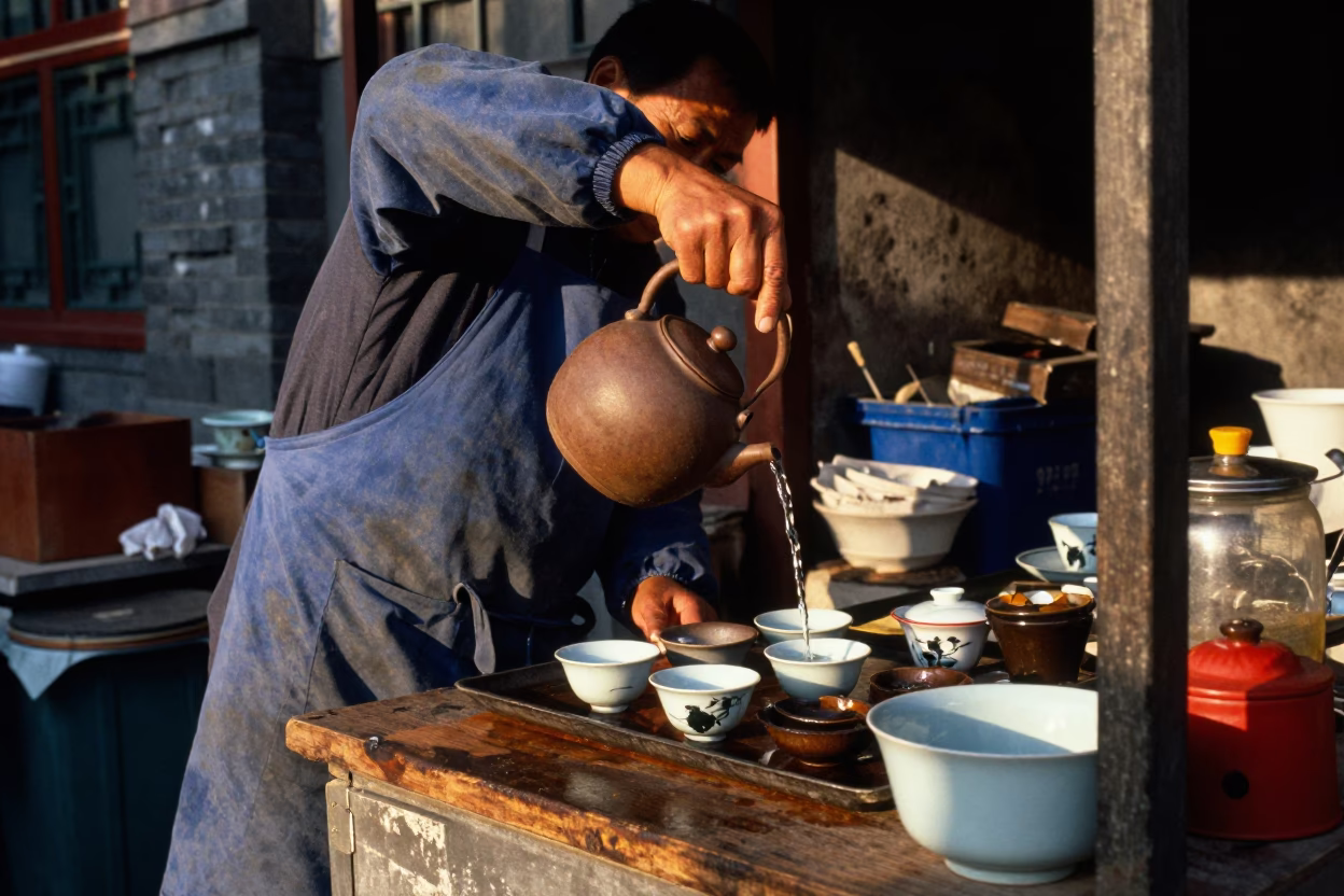 The Late Afternoon Light on Tea Stall in Beijing in in Beijing, China