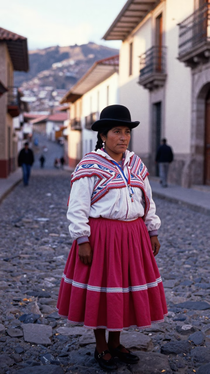 The Late Morning Light on Andean Woman in La Paz in in La Paz, Bolivia