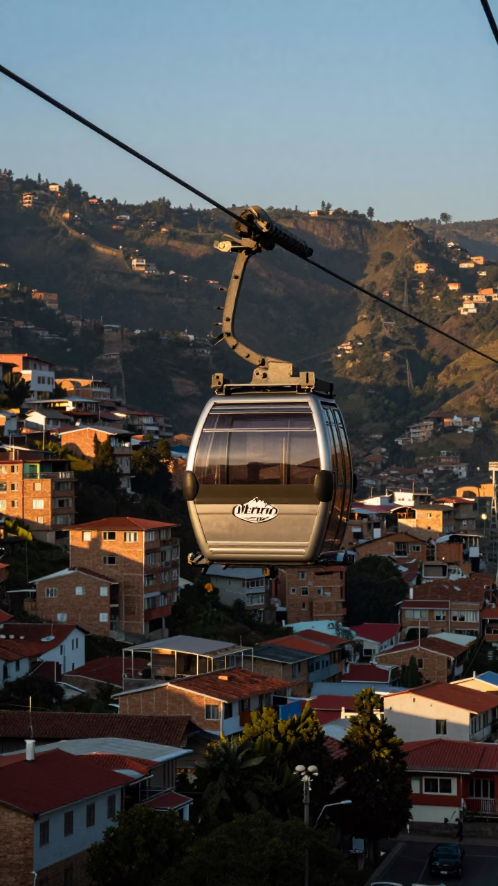The Late Morning Light on Metro Cable Car Crossing in Medellin in in Medellin, Colombia