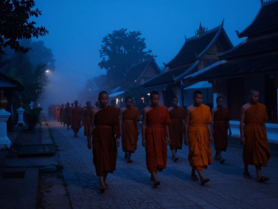 The Predawn Darkness Light on Alms Ceremony in Luang Prabang in in Luang Prabang, Laos