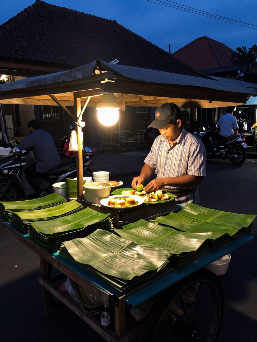 The Predawn Darkness Light on Balinese Breakfast in Denpasar in in Denpasar, Indonesia