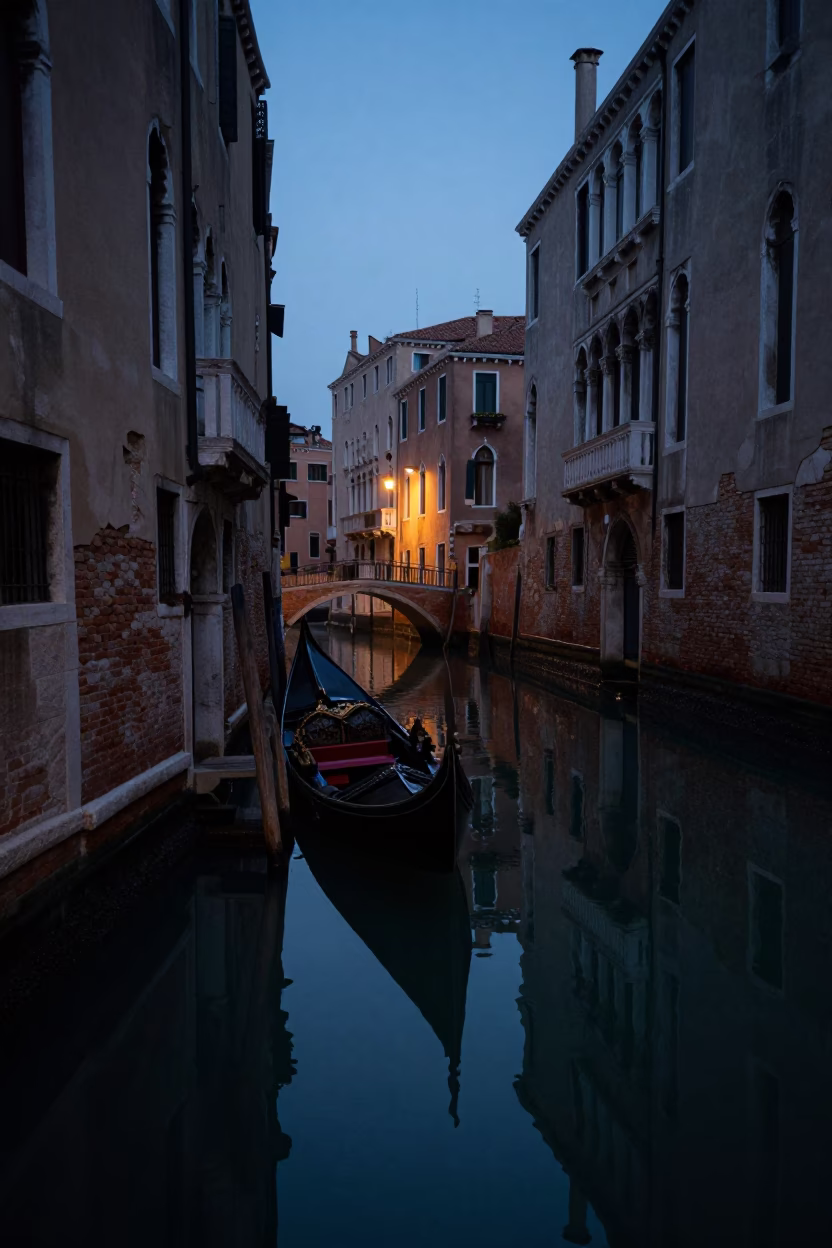 The Predawn Darkness Light on Canal Reflections in Venice in in Venice, Italy