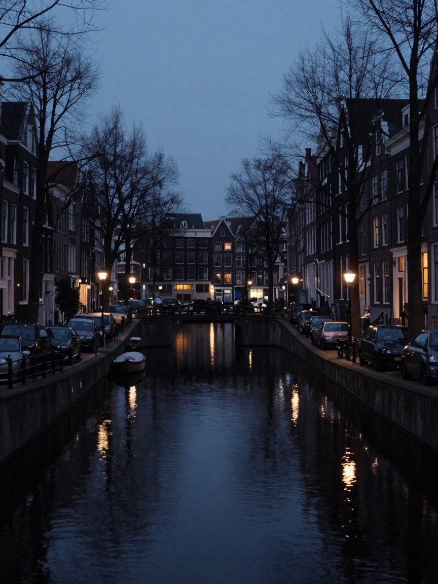 The Predawn Darkness Light on Canal Scene in Amsterdam in in Amsterdam, Netherlands