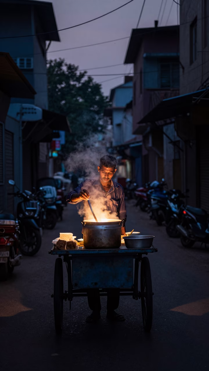 The Predawn Darkness Light on Chicken Soup in Hyderabad in in Hyderabad, India