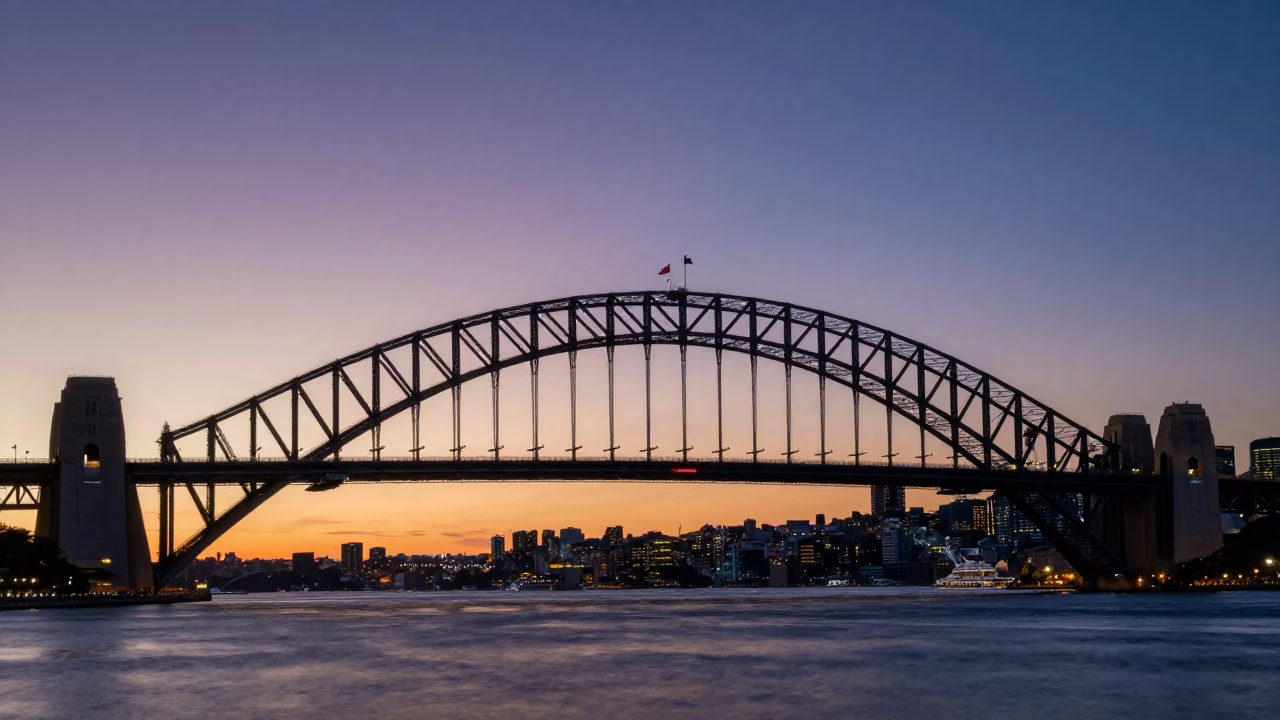The Predawn Darkness Light on Circular Quay in Sydney in in Sydney, New South Wales, Australia