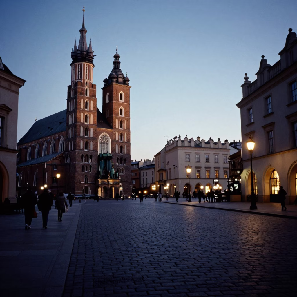 The Predawn Darkness Light on Cobblestone Street in Krakow in in Krakow, Poland