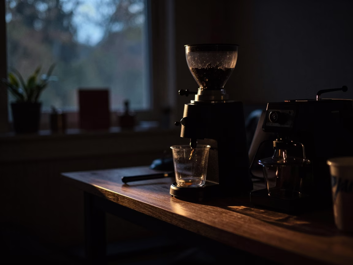 The Predawn Darkness Light on Coffee Grinder And Workbench in Portland in in Portland, Oregon, United States