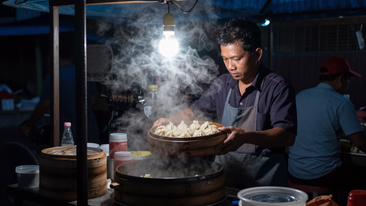 The Predawn Darkness Light on Dim Sum in Yogyakarta in in Yogyakarta, Indonesia