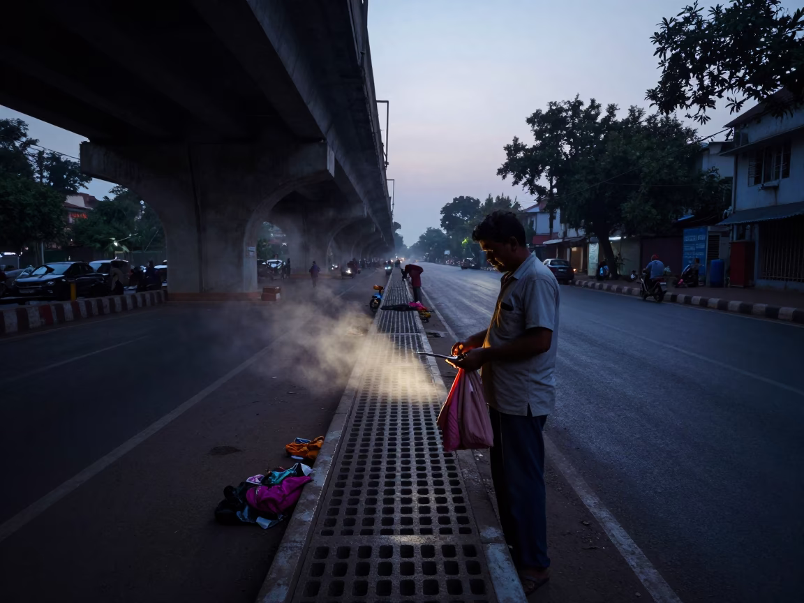 The Predawn Darkness Light on Drain in Mumbai in in Mumbai, India