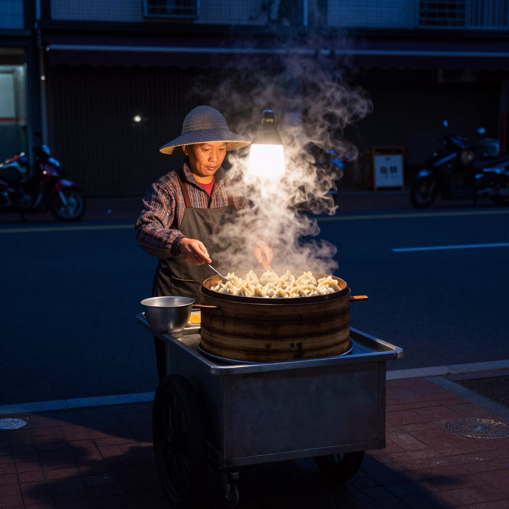 The Predawn Darkness Light on Har Gow in Tainan in in Tainan, Taiwan