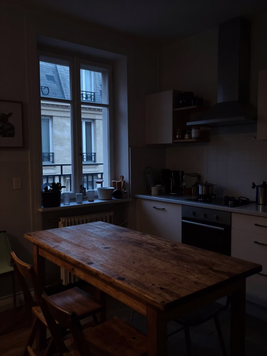 The Predawn Darkness Light on Kitchen Interior in Paris in in Paris, France