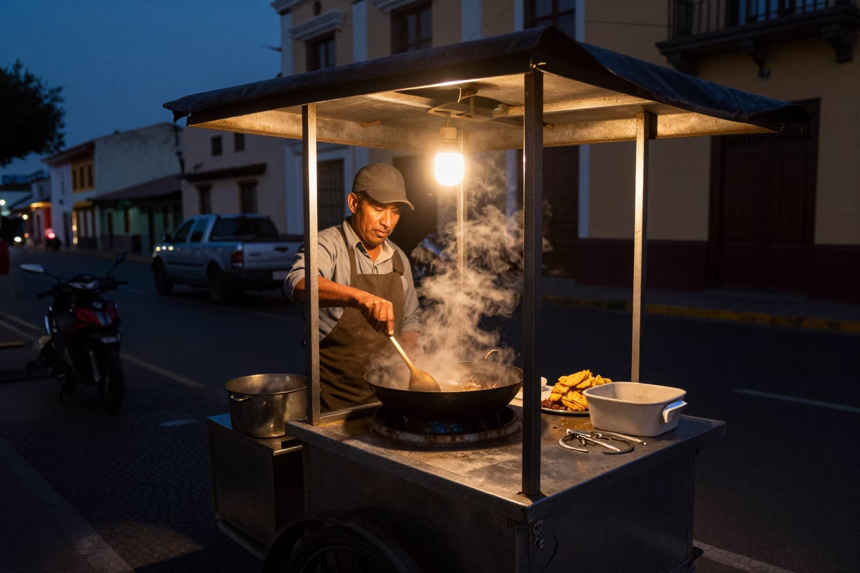 The Predawn Darkness Light on Lomo Saltado in Lima in in Lima, Peru