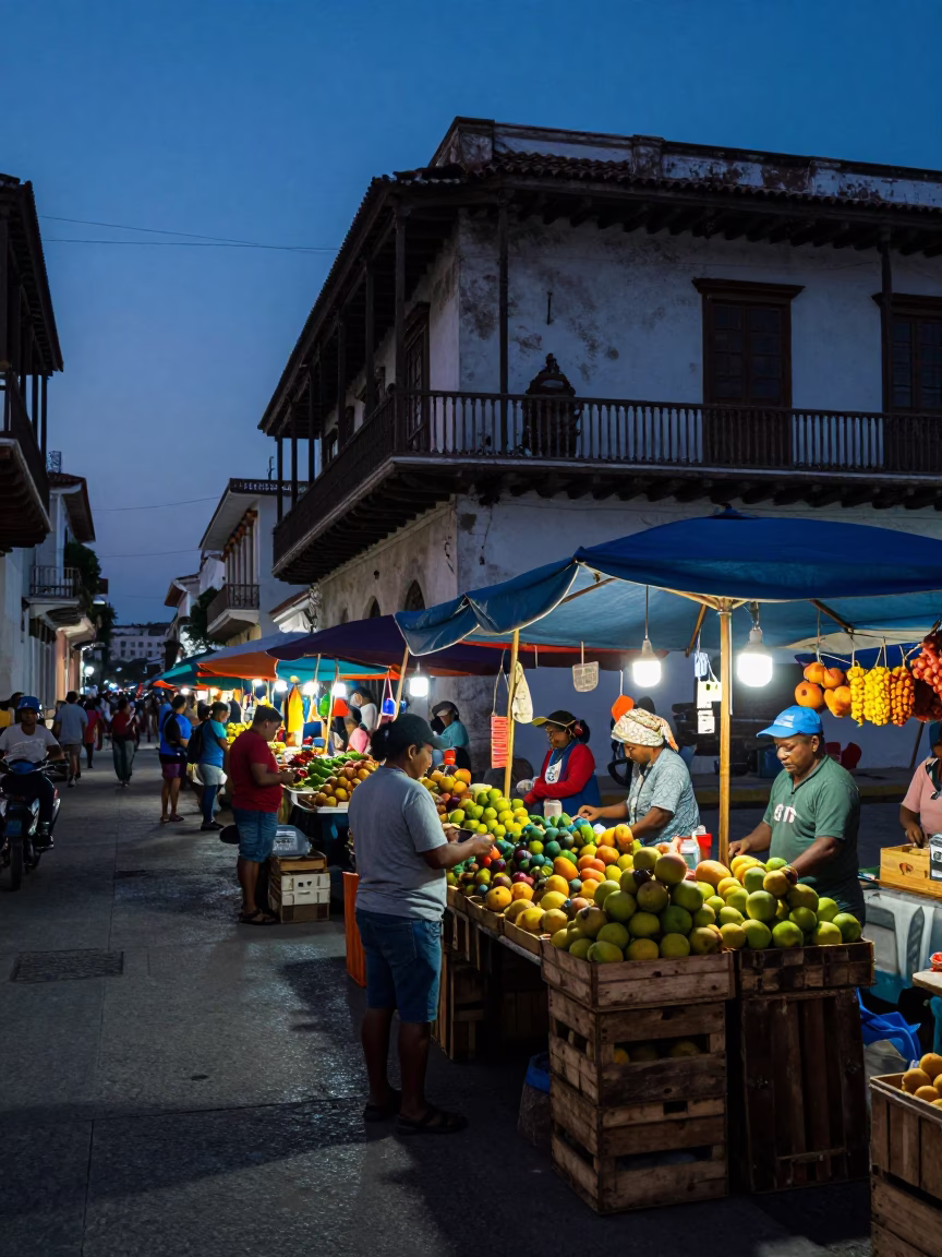 The Predawn Darkness Light on Market Activity in Cartagena in in Cartagena, Colombia