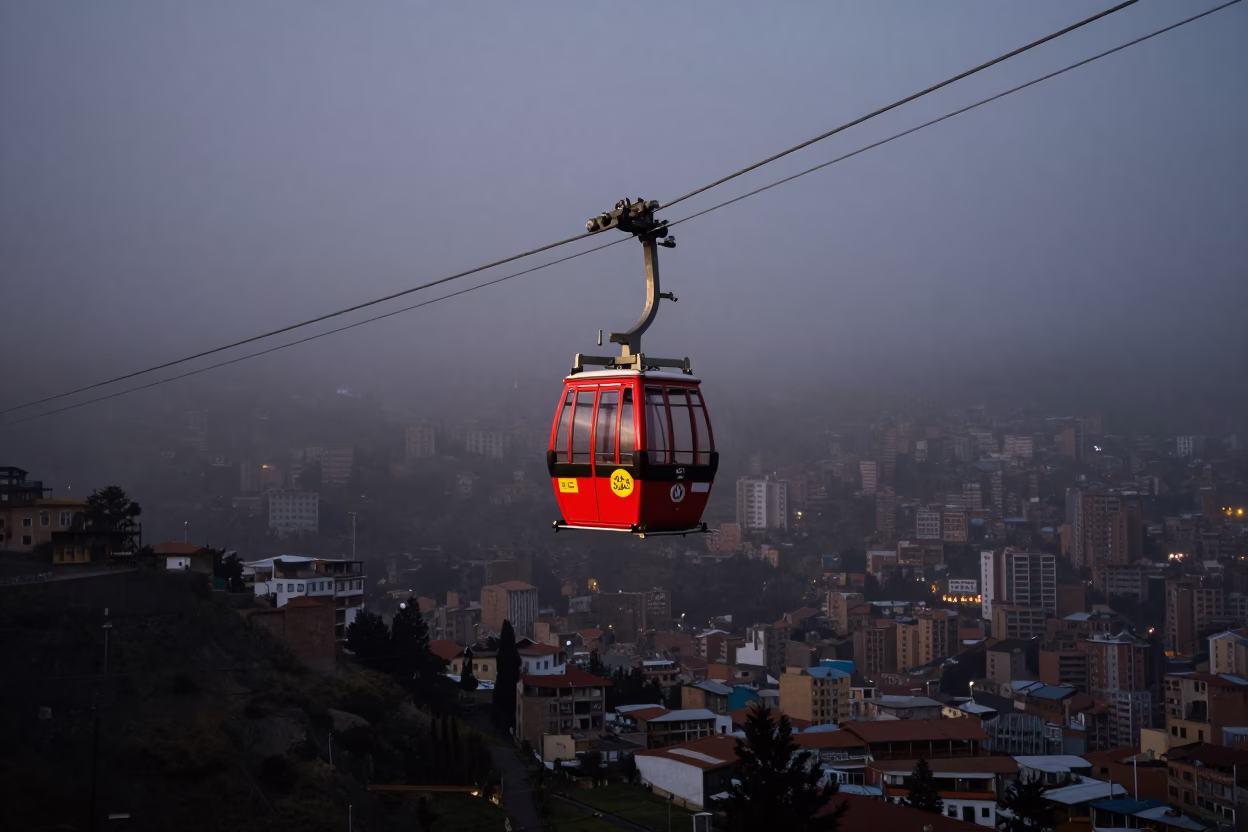 The Predawn Darkness Light on Morning Fog in La Paz in in La Paz, Bolivia