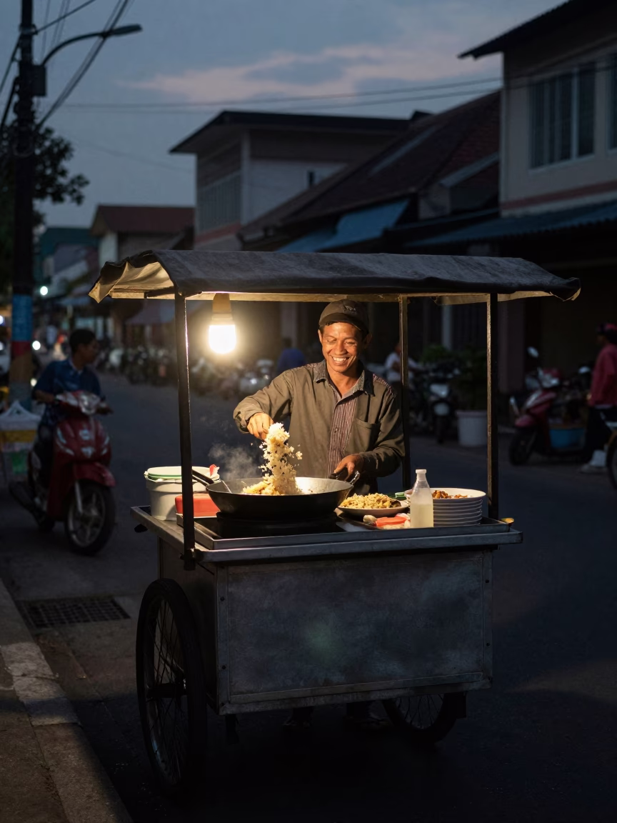 The Predawn Darkness Light on Nasi Goreng in Surabaya in in Surabaya, Indonesia