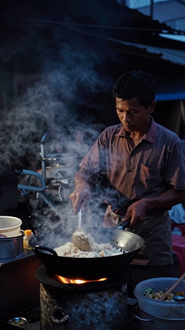 The Predawn Darkness Light on Nasi Goreng in Yogyakarta in in Yogyakarta, Indonesia
