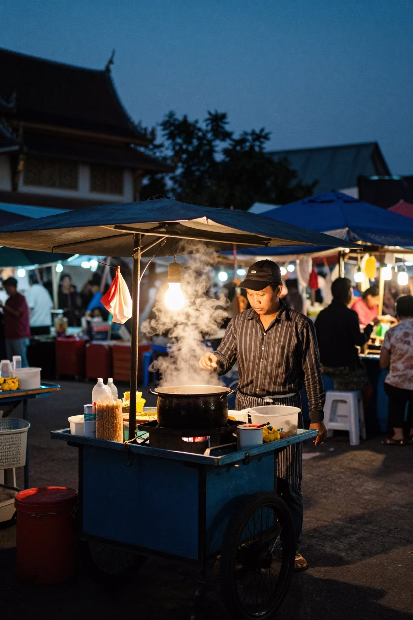 The Predawn Darkness Light on Night Market in Chiang Mai in in Chiang Mai, Thailand