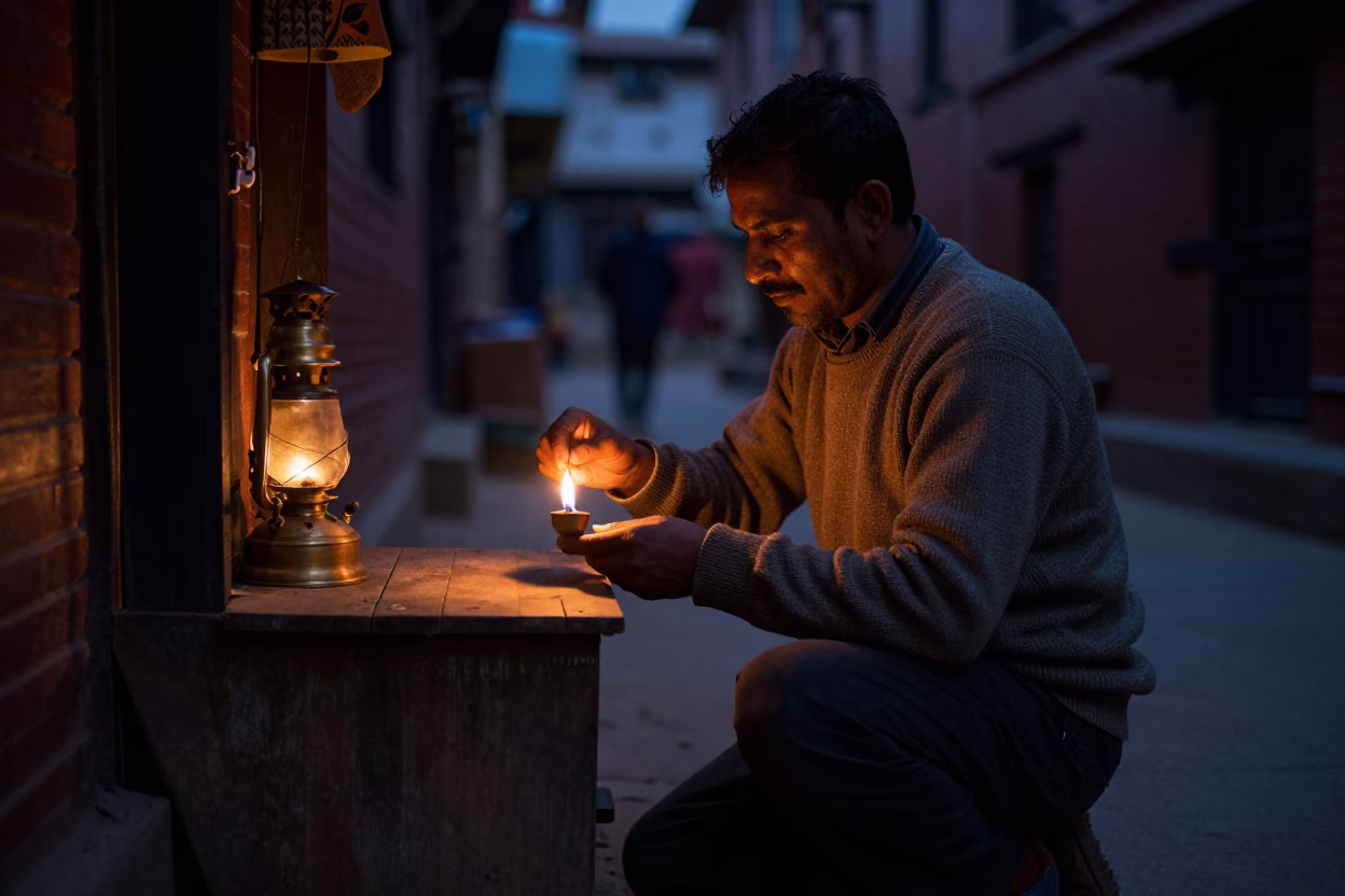 The Predawn Darkness Light on Oil Lamp in Kathmandu in in Kathmandu, Nepal