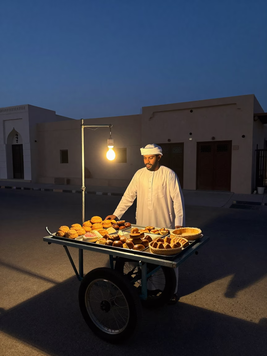 The Predawn Darkness Light on Pastries in Muscat in in Muscat, Oman