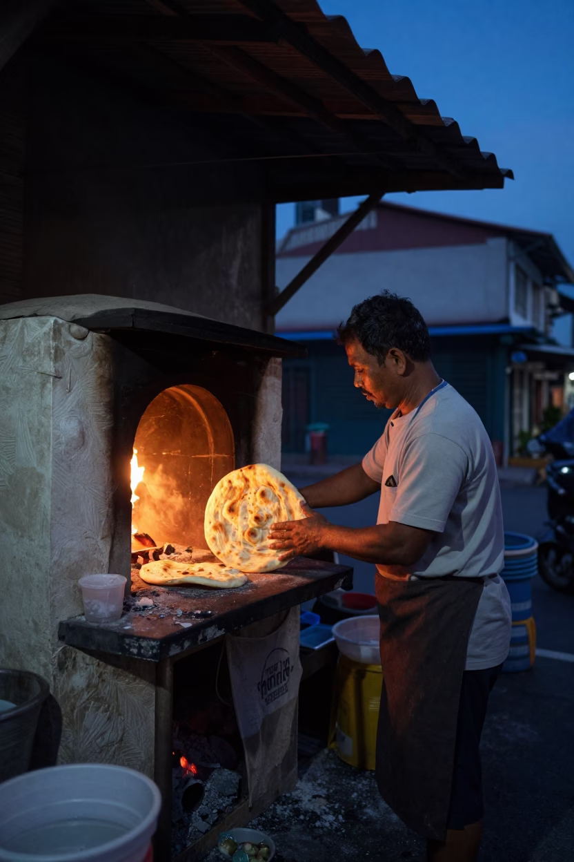 The Predawn Darkness Light on Preparing Naan in George Town in in George Town, Malaysia
