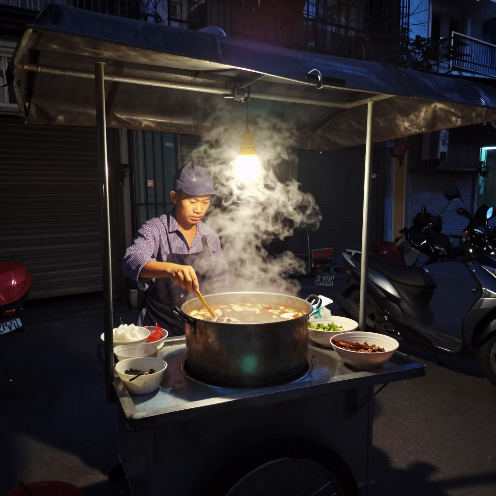 The Predawn Darkness Light on Preparing Pho in Hanoi in in Hanoi, Vietnam