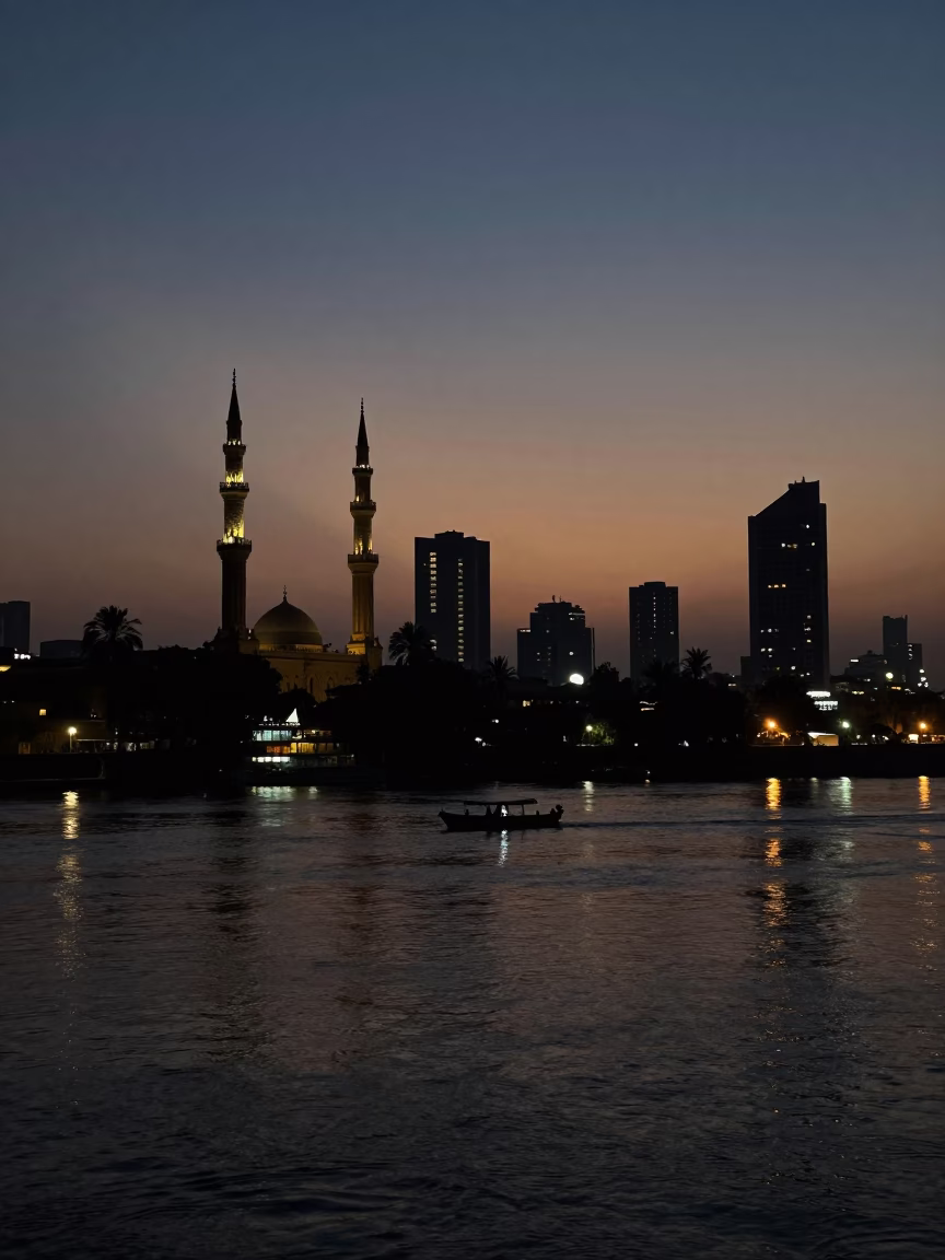 The Predawn Darkness Light on River Activity in Cairo in in Cairo, Egypt