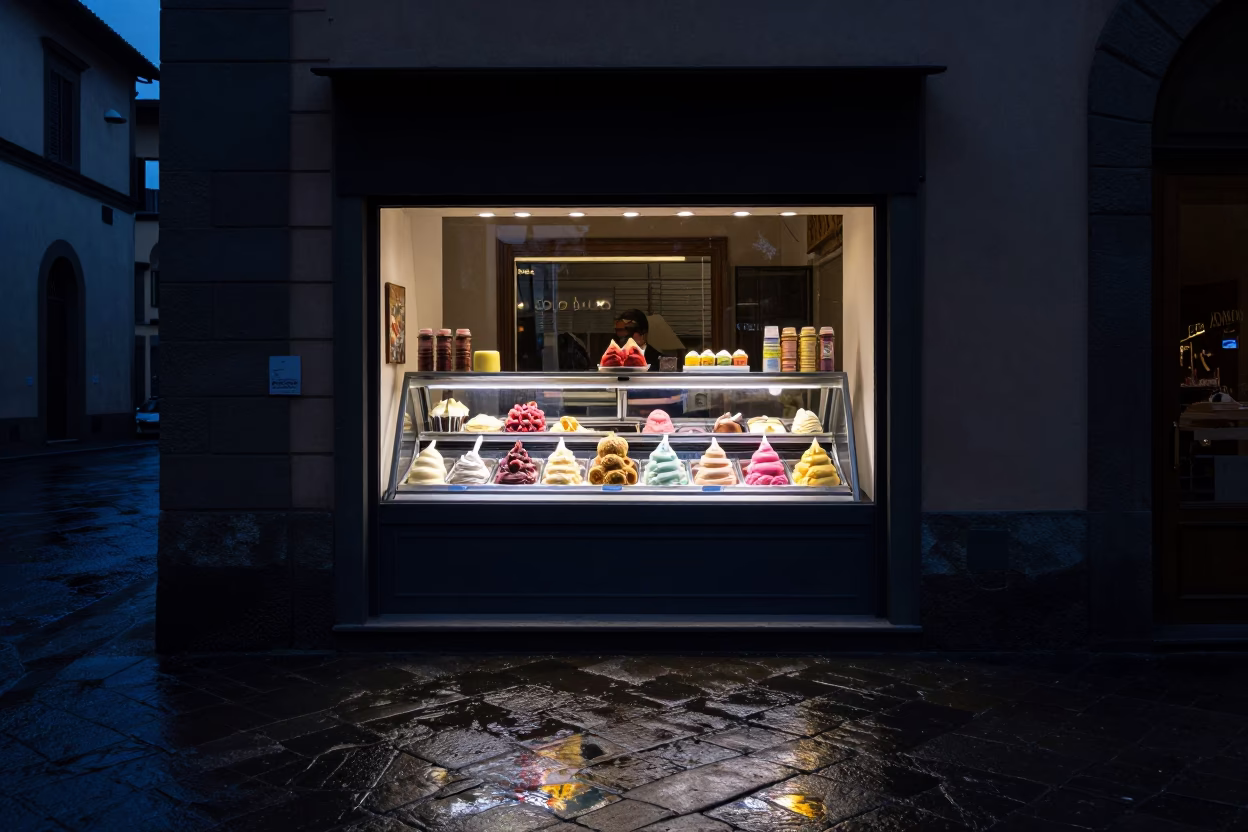 The Predawn Darkness Light on Shop Window in Florence in in Florence, Italy